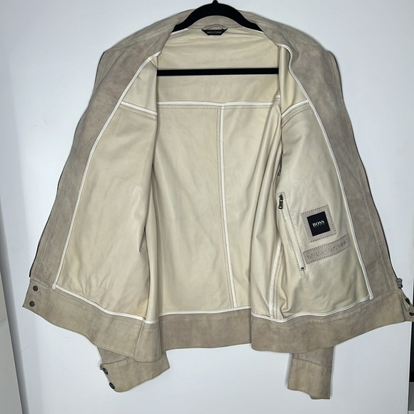 Hugo Boss 44R Light Gray Beige Suede Zip Front Snap Leather Interior Jacket - Picture 8 of 10